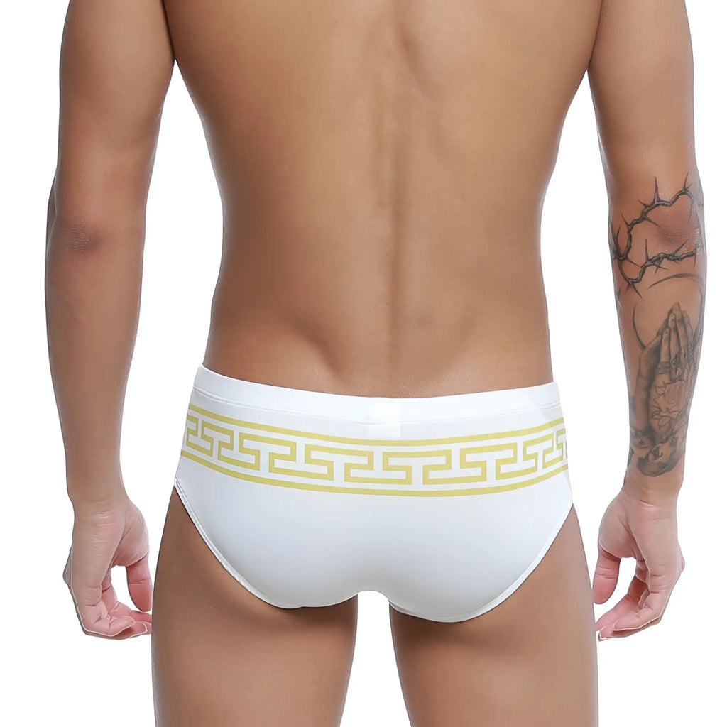 White swim trunks u-station greek bikini gold u0042-110 with bold yellow greek key pattern waistband for beachwear