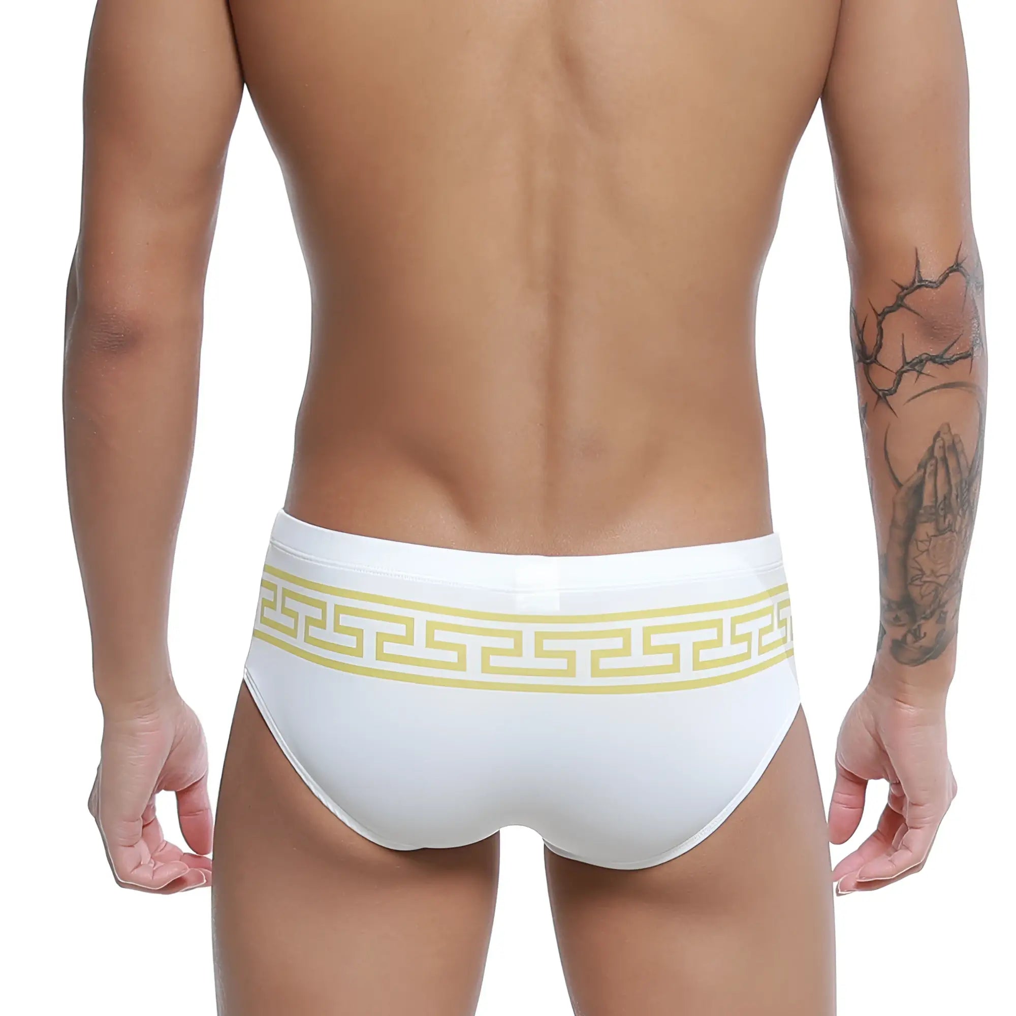 White swim trunks u-station greek bikini gold u0042-110 with bold yellow greek key pattern waistband for beachwear