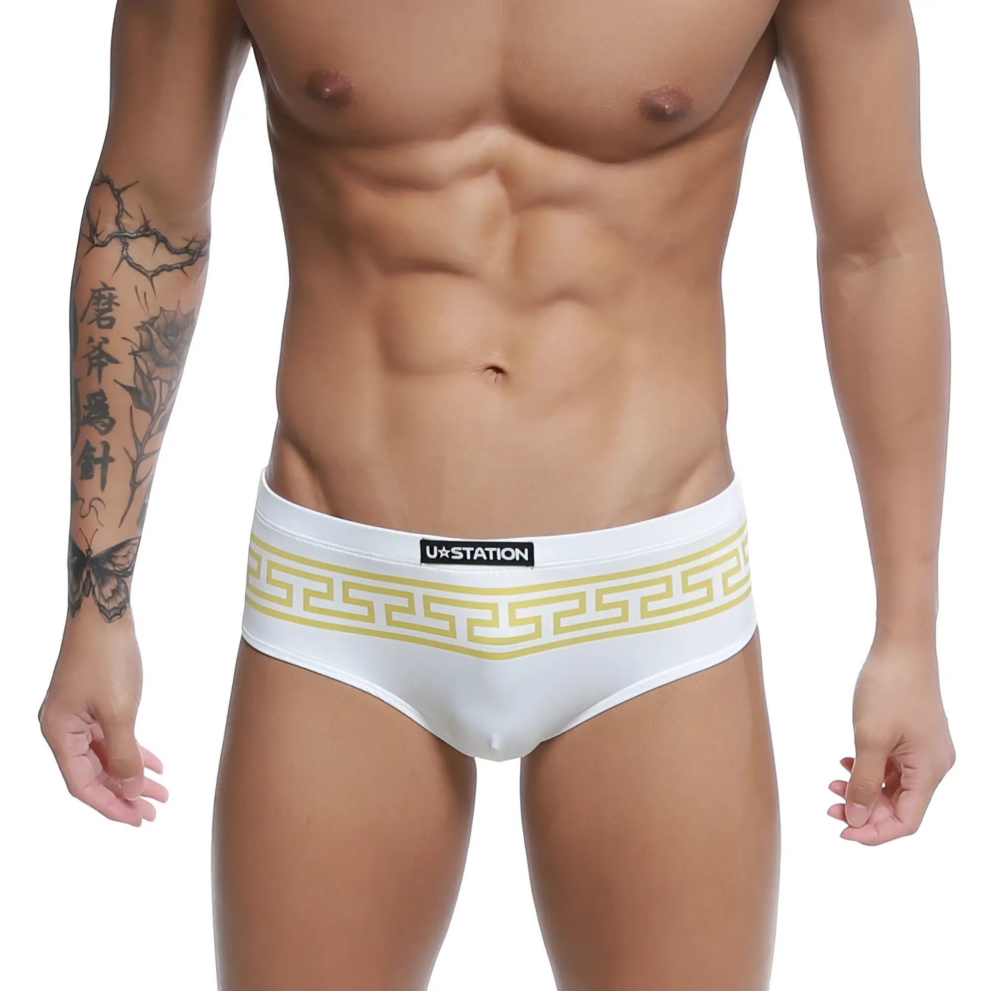 White u station bikini briefs with yellow greek key pattern waistband in u station greek bikini gold u0042 110 design