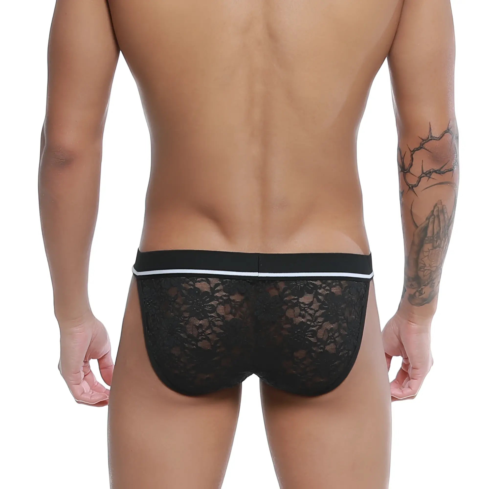 Black lace briefs with white trim waistband u-station lace bikini black u0092-001 front view