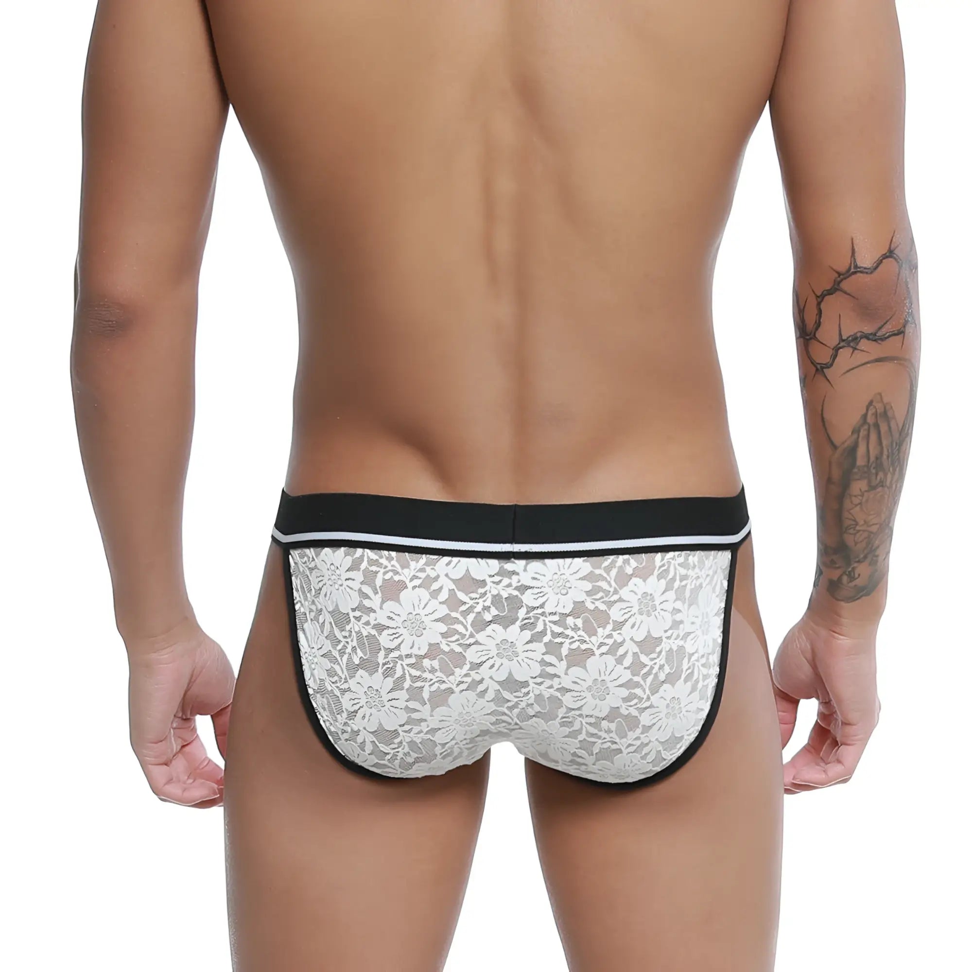 White lace bikini briefs with black trim and subtle floral pattern from u-station model u0092-100