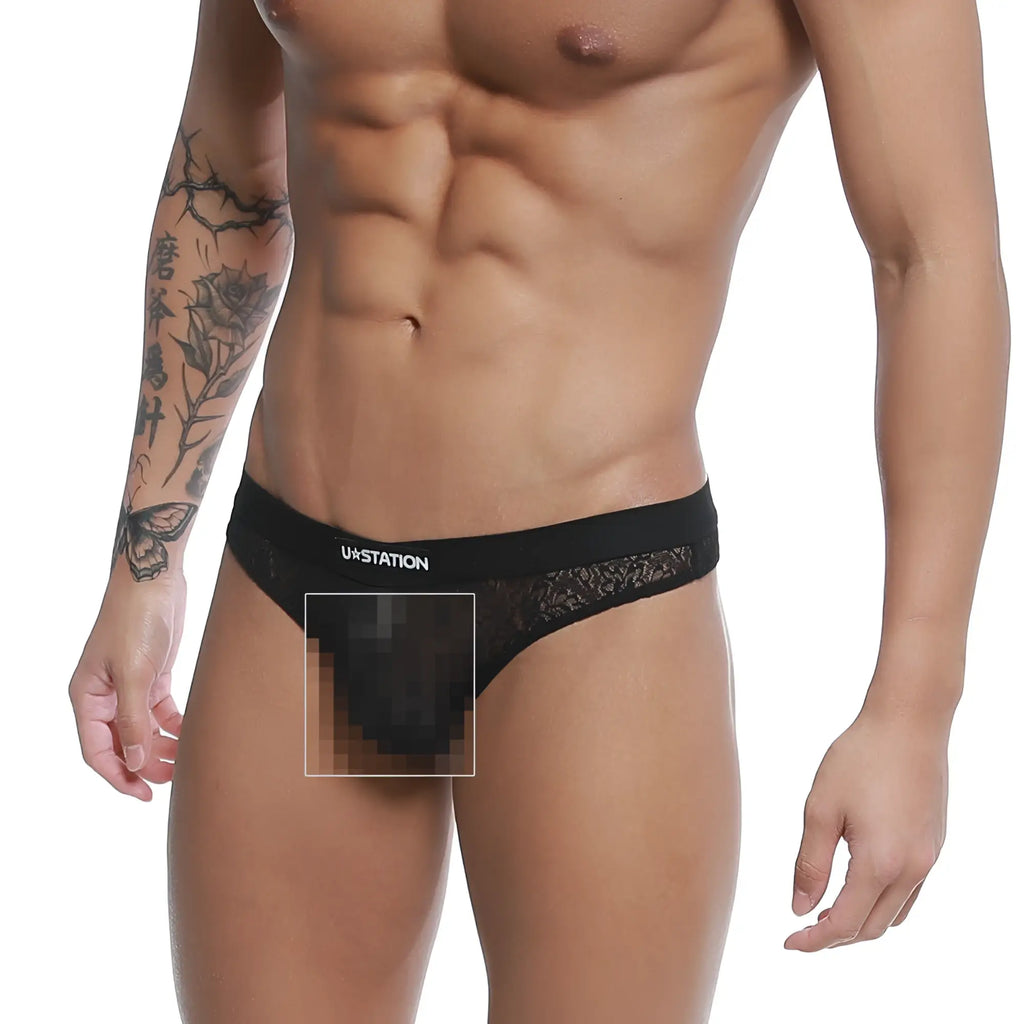 Black lace-trimmed briefs with a branded waistband from u-station love thong black u0404-001 collection