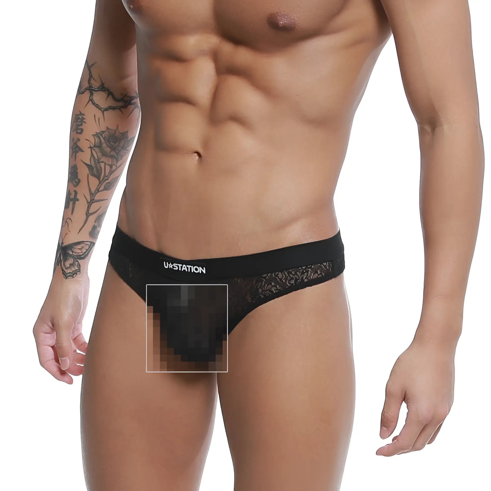 Black lace-trimmed briefs with a branded waistband from u-station love thong black u0404-001 collection
