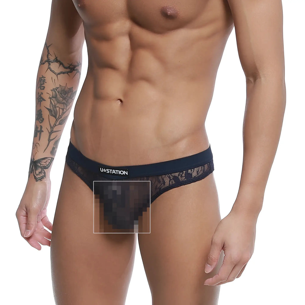 Black lace thong with blue branded waistband u-station love thong blue u0404-199 shown from the back side