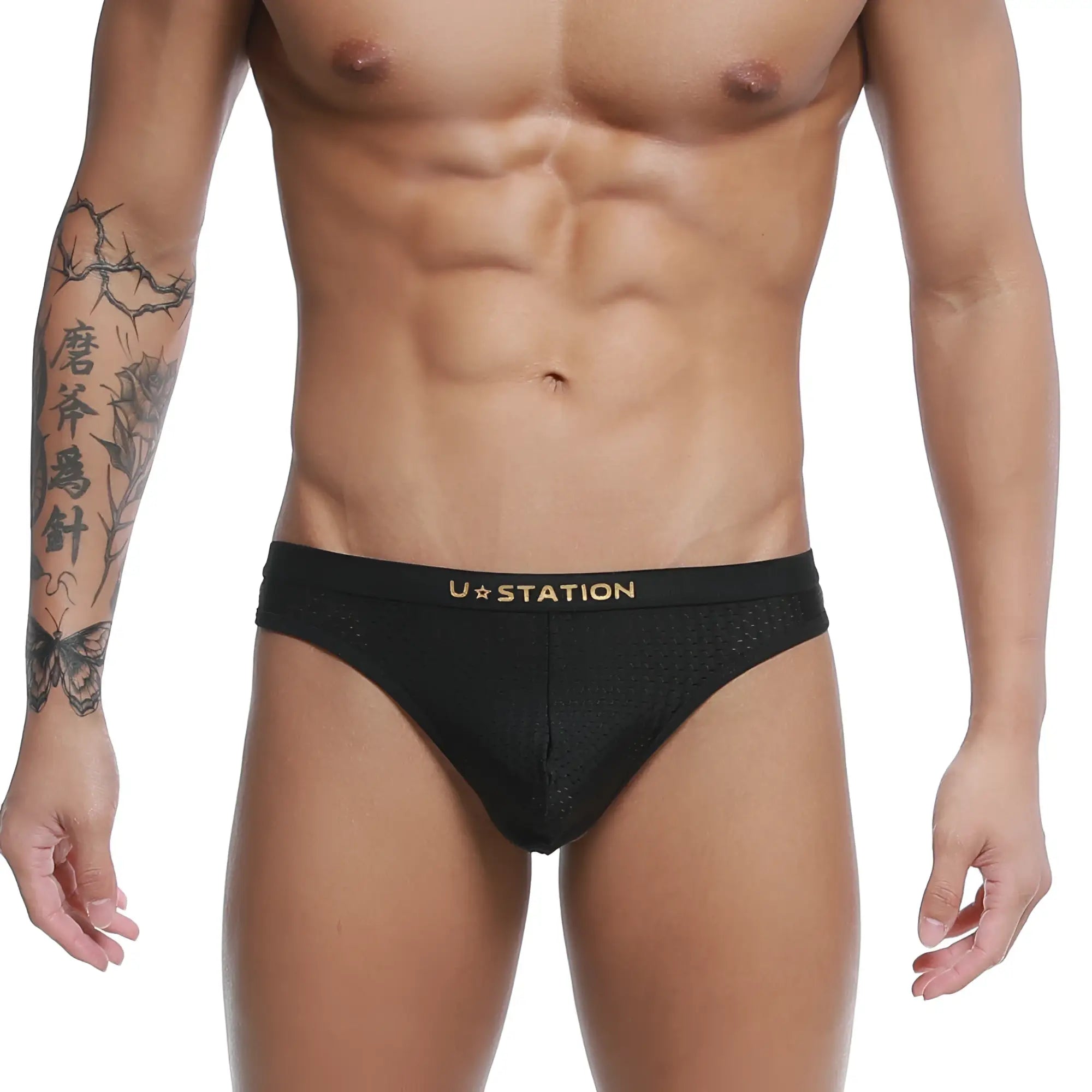 Black u-station briefs with gold logo and mesh fabric from the u-station seduction thong collection u2204-001