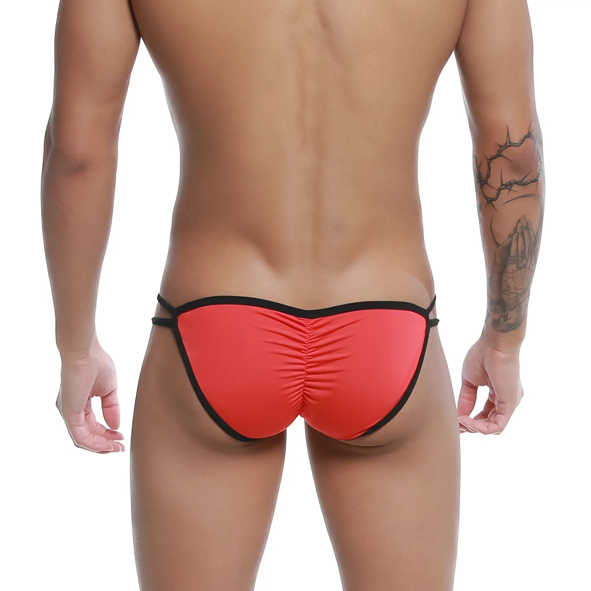 Back side of red and black u-station skeleton bikini thong with ruched back and elastic waistband