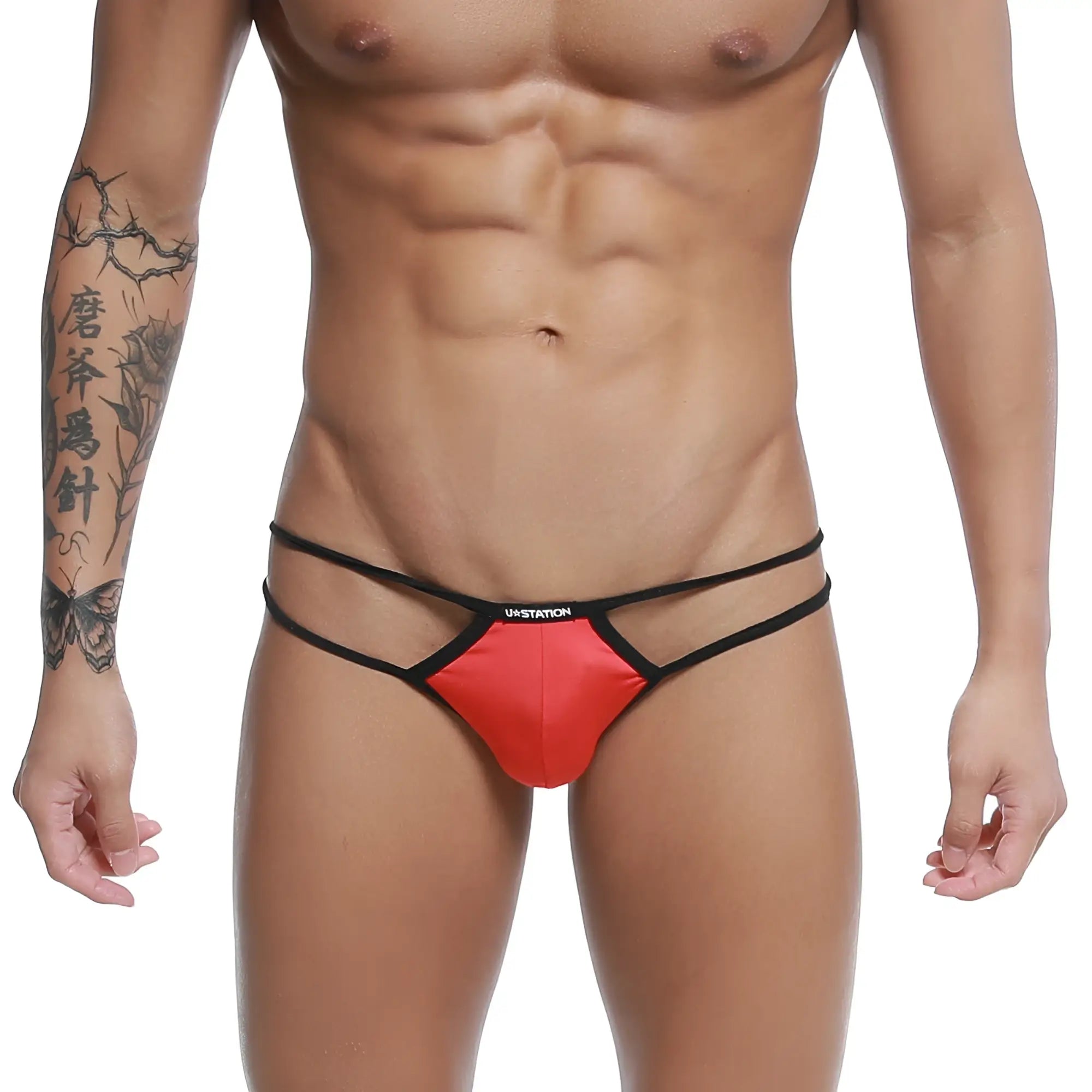 Red and black u-station skeleton bikini u0062-600 thong with sleek minimalist design shown from the back side