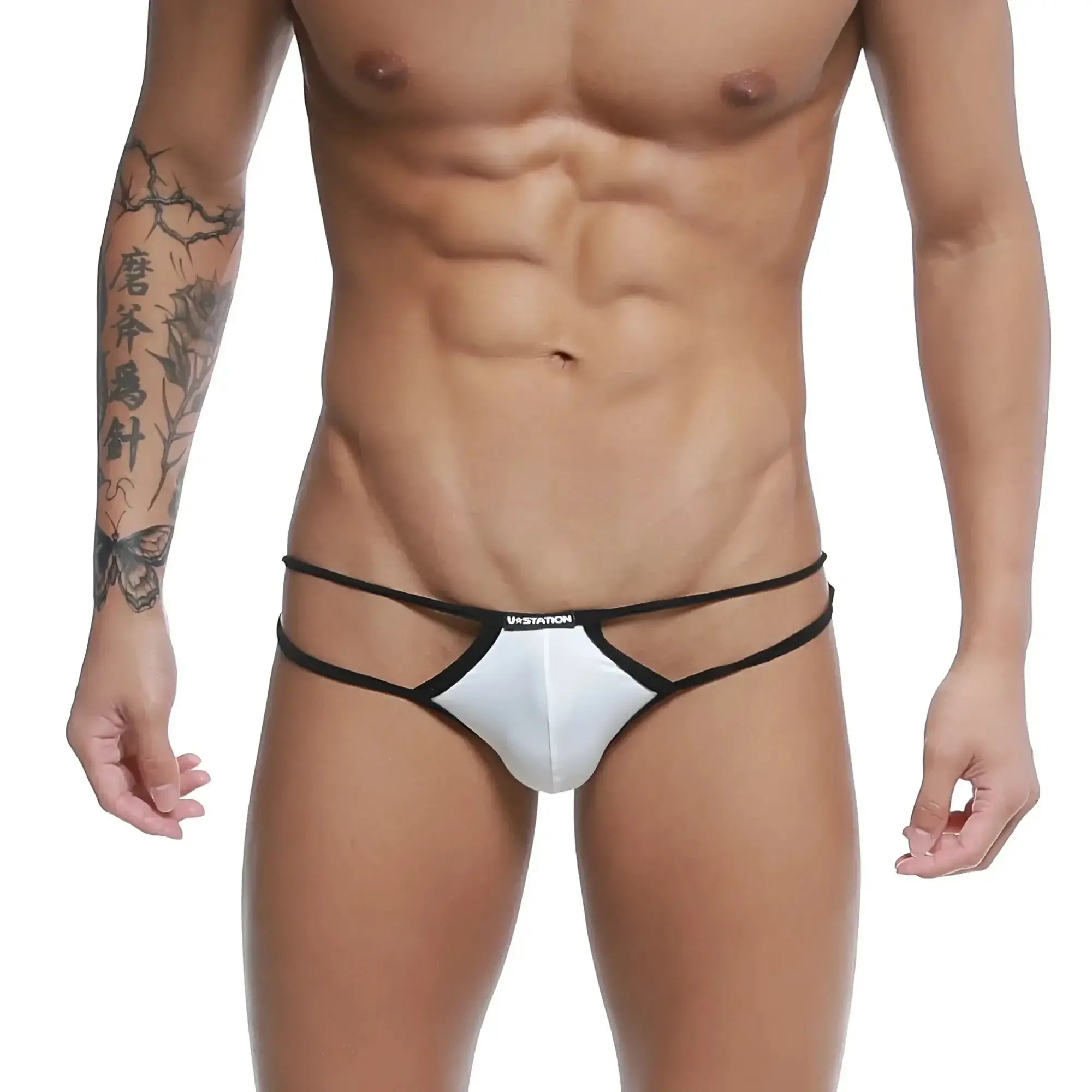 White and black ustation thong bikini with sleek minimalist design in skeleton style for stylish swimwear use
