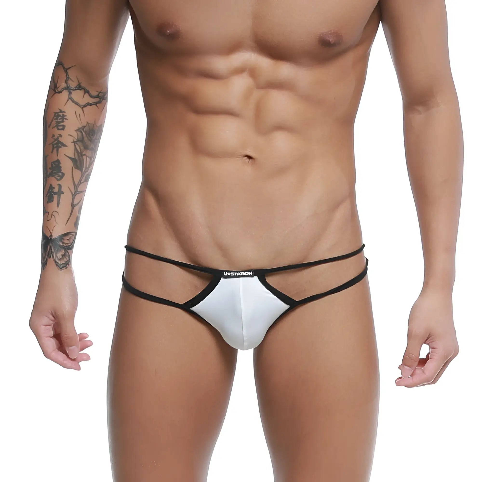 White and black ustation thong bikini with sleek minimalist design in skeleton style for stylish swimwear use
