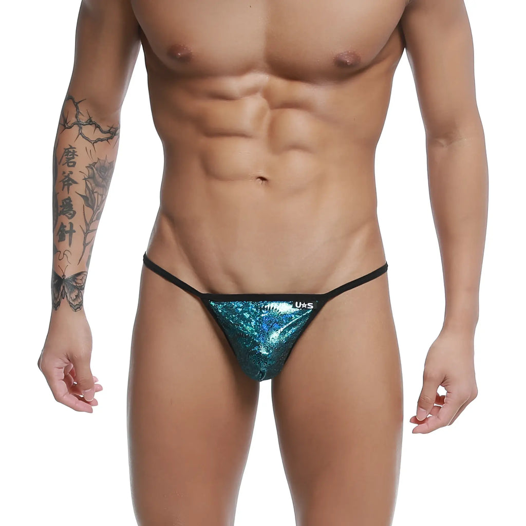 Shiny teal sequined u-station string thong with black trim showing front view in blue peacock color