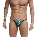 Shiny teal sequined u-station string thong with black trim showing front view in blue peacock color