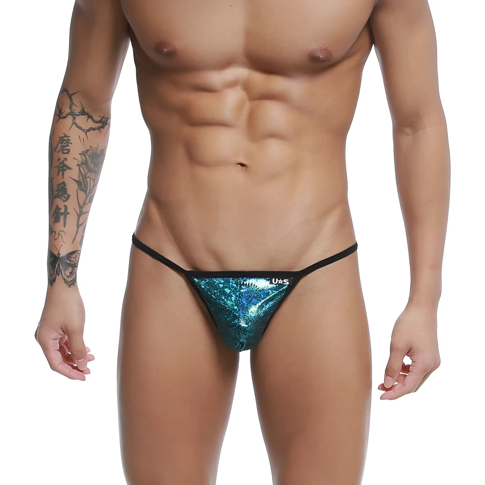 Shiny teal sequined u-station string thong with black trim showing front view in blue peacock color