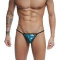Shiny teal sequined u-station string thong with black trim showing front view in blue peacock color