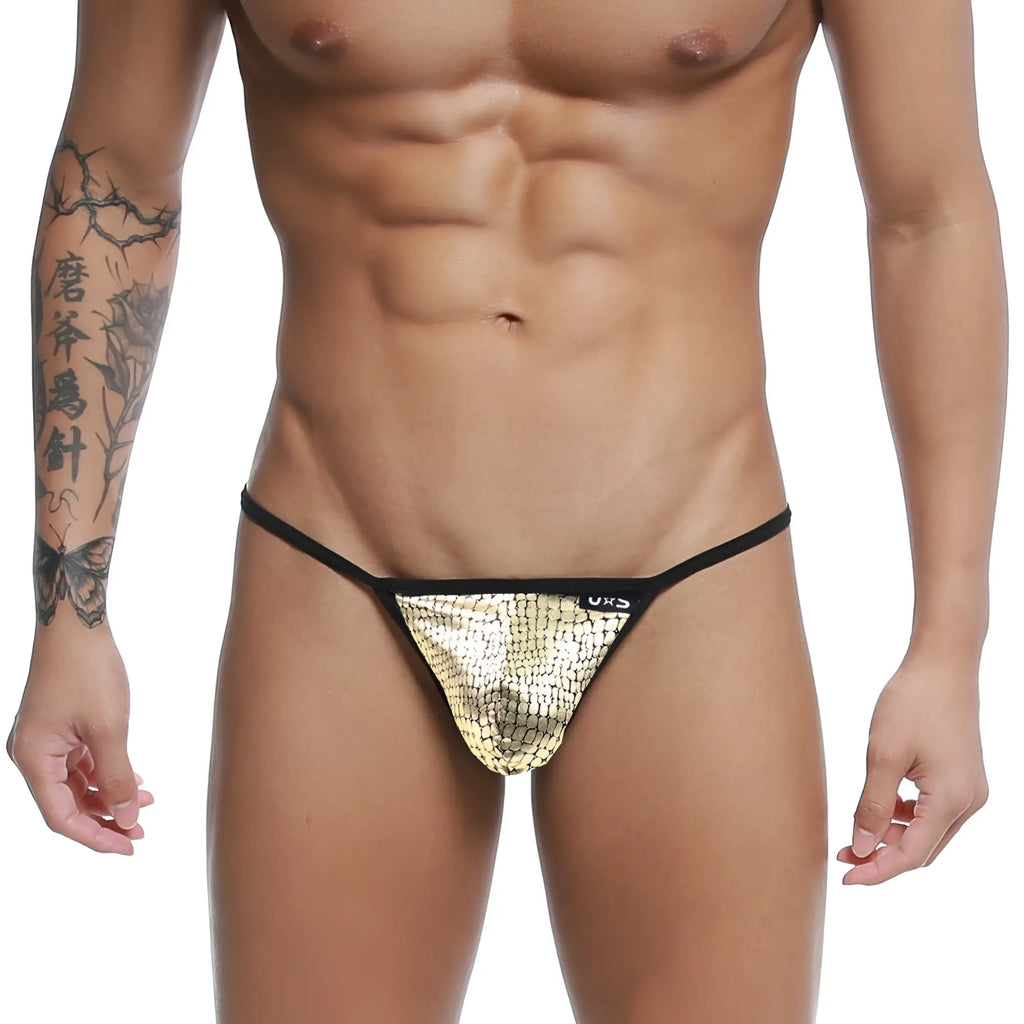 Gold metallic snake-scale patterned string thong with black trim and uks logo on the side u-station u0304-997