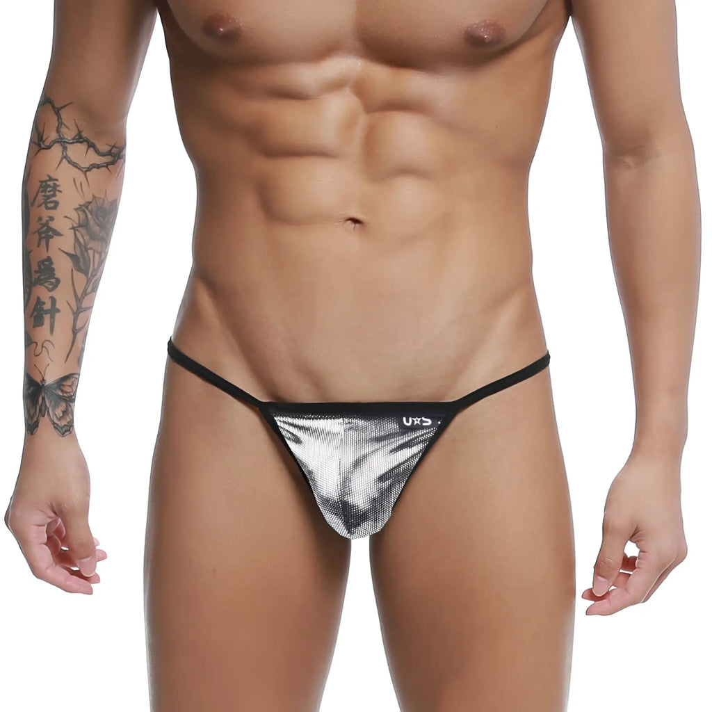 Silver metallic mesh string thong with black trim and uxs logo on waistband u station u0304-993