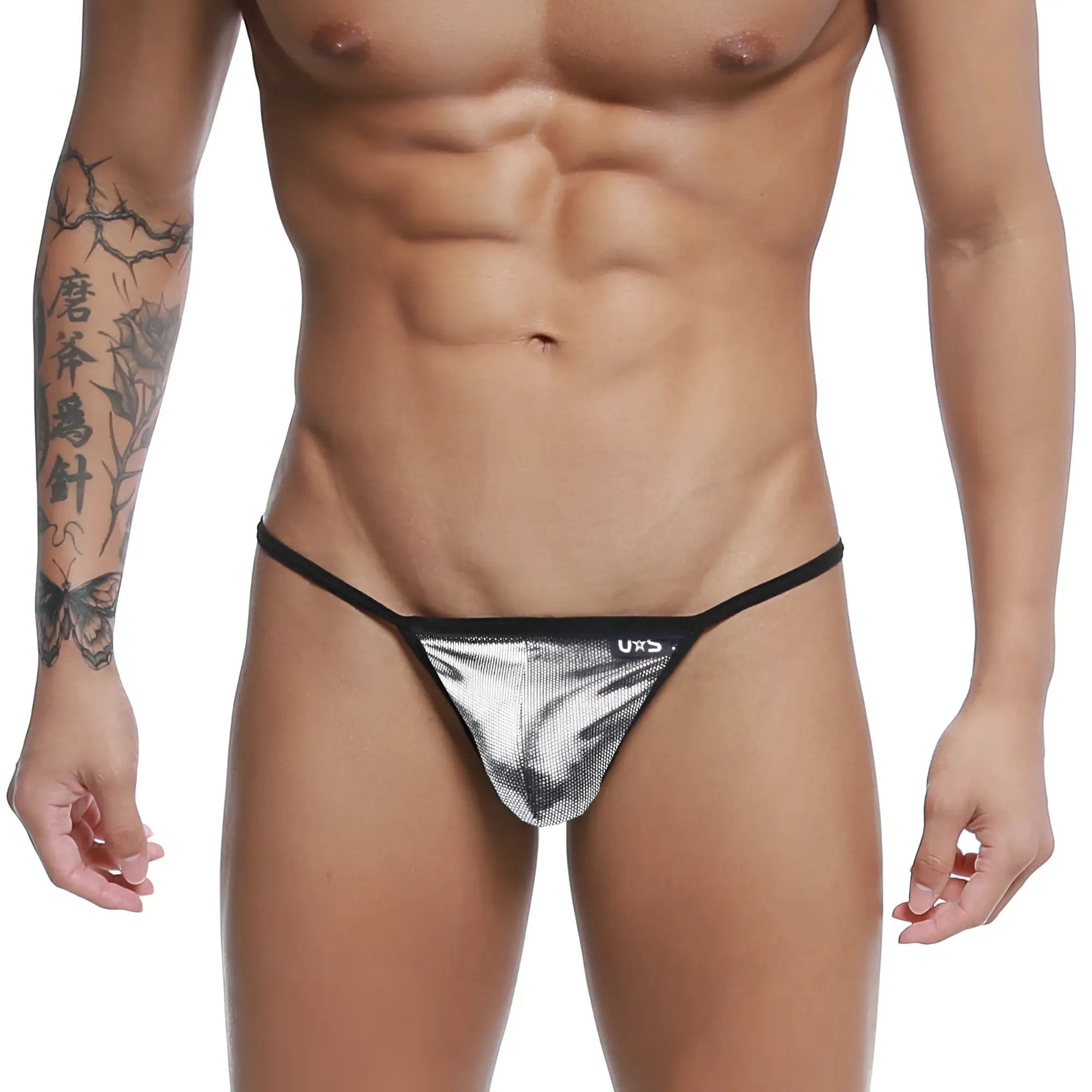 Silver metallic mesh string thong with black trim and uxs logo on waistband u station u0304-993