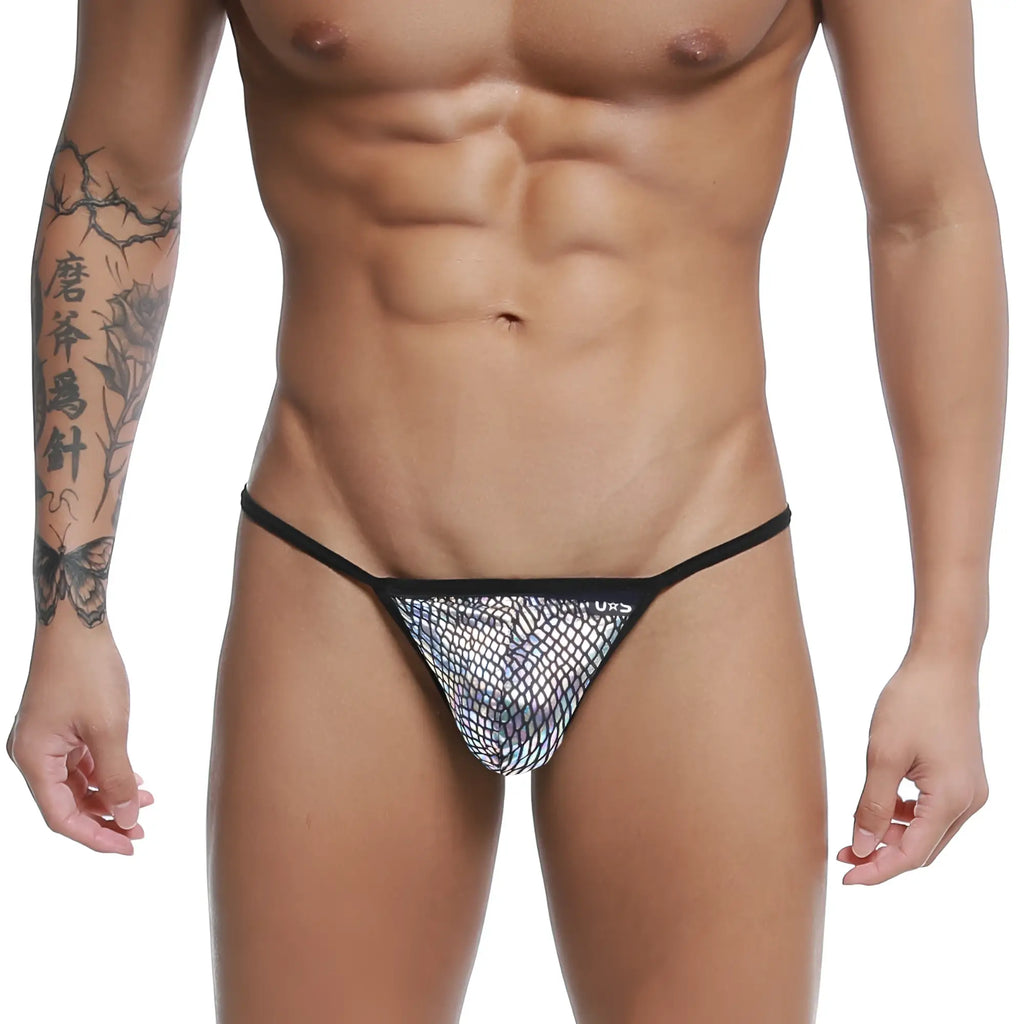 Black-trimmed mesh thong with shimmering iridescent pattern u-station string thong technic u0304-992 front view
