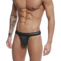 Black u station talent thong with subtle heathered texture and gold lettering on waistband in gray u0104-013