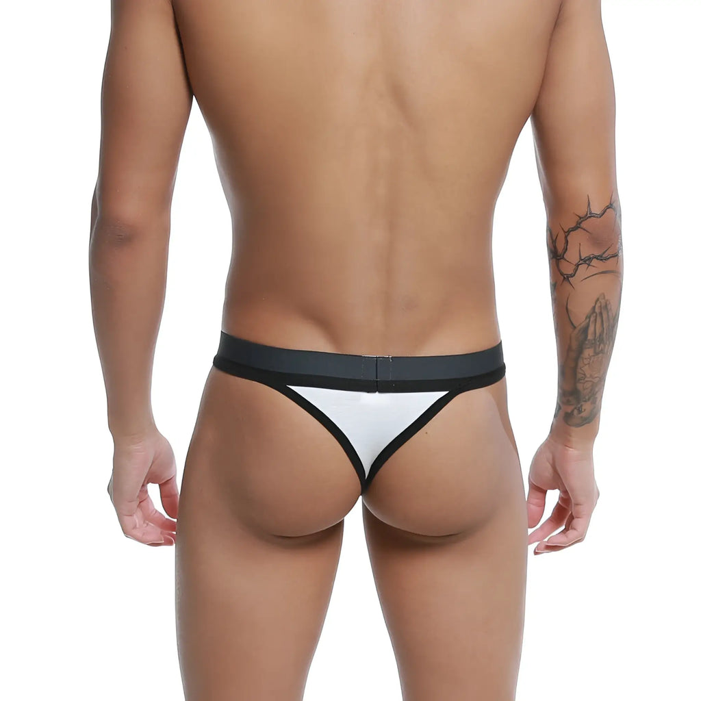 White and black u-station talent thong with sleek minimalist design and wide elastic waistband, front view