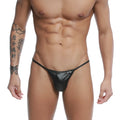 Black shiny faux leather thong with small ukd logo on the front from u station trendy thong black u1114-001 collection