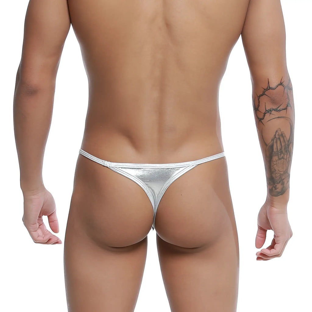 Silver metallic thong with sleek shiny finish and thin straps from u station trendy thong silver u1114-040 collection