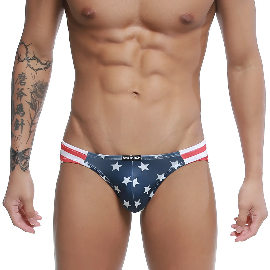 Blue american flag-themed briefs with white stars and red and white striped waistband by us station usa bikini u0022-606