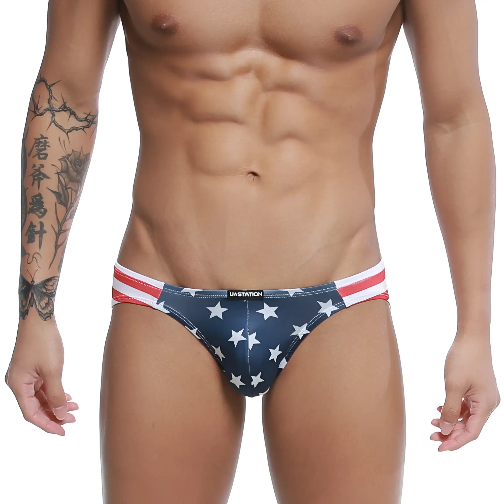 Blue american flag-themed briefs with white stars and red and white striped waistband by us station usa bikini u0022-606