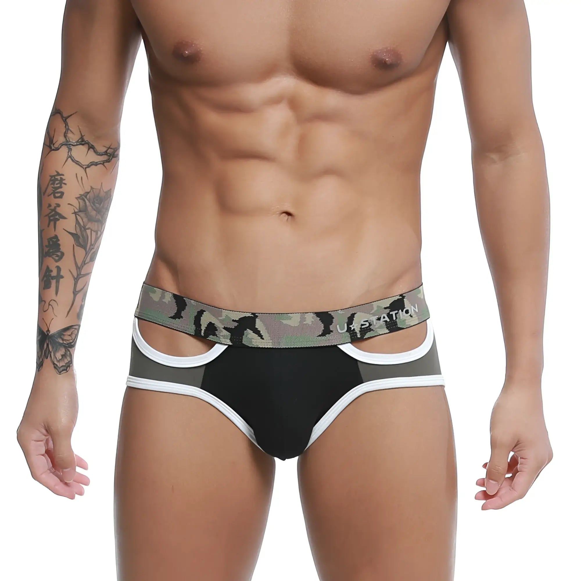 Black and gray camouflage briefs with white trim and bold u.s print from u-station wings brief U0072-001