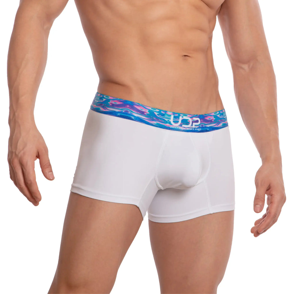 Udp udg002 boxer brief in white with a vibrant blue pink and purple abstract patterned waistband featuring u32 logo