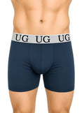 Navy blue undergear cotton trunk boxer briefs with white elastic waistband featuring black ug lettering