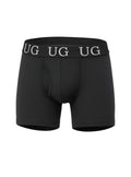 Black undergear fly front cotton boxer brief with gray ug logo band and breathable soft fabric design