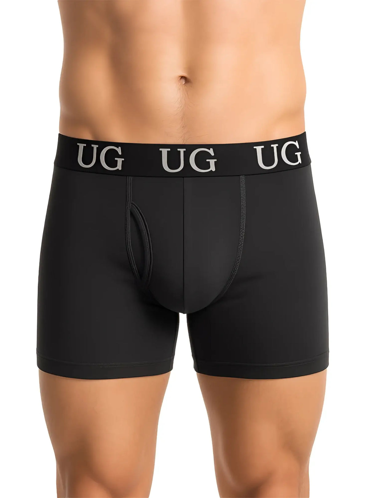 Black undergear fly front cotton boxer briefs with white ug logo repeated along the waistband