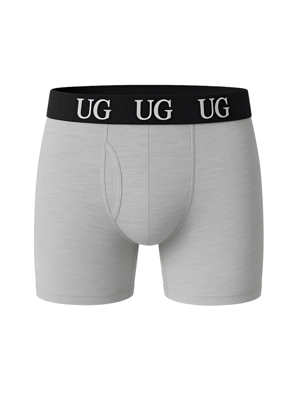 Gray undergear fly front cotton menâ€™s boxer briefs with black waistband and white ug branding