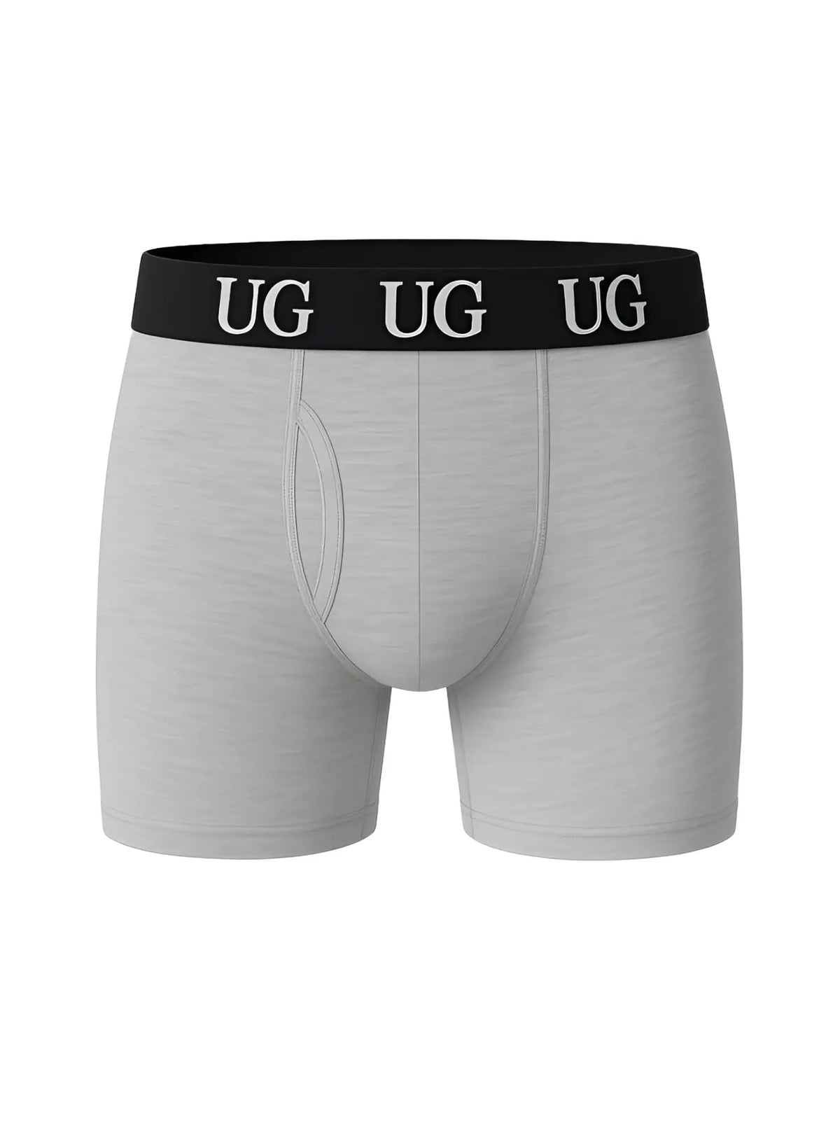 Gray undergear fly front cotton menâ€™s boxer briefs with black waistband and white ug branding