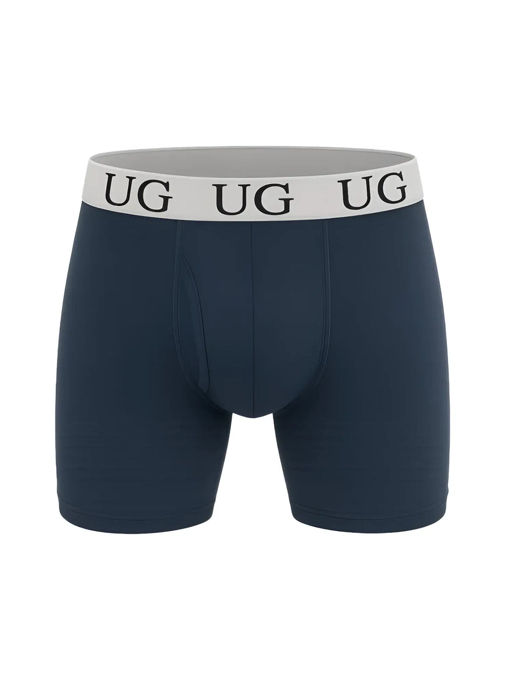 Navy blue cotton undergear fly front boxer briefs with white elastic waistband and black ug logo
