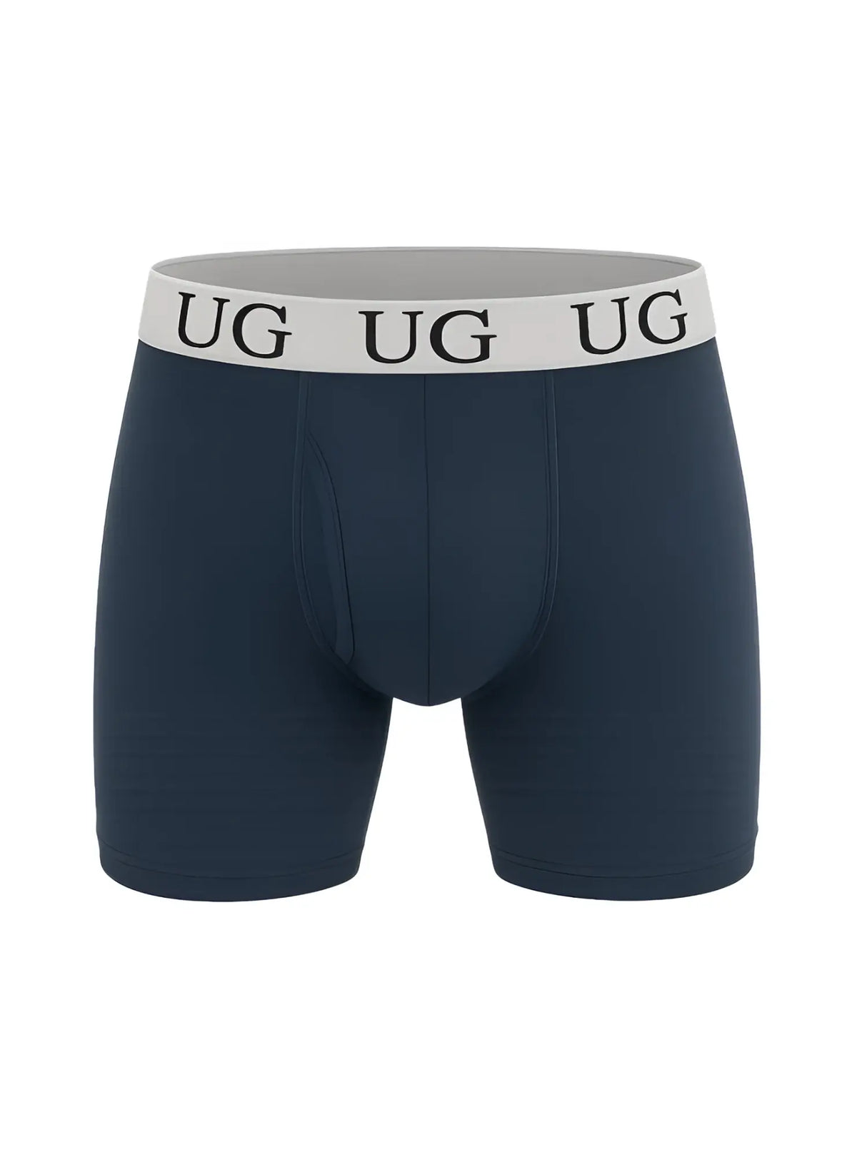 Navy blue cotton undergear fly front boxer briefs with white elastic waistband and black ug logo
