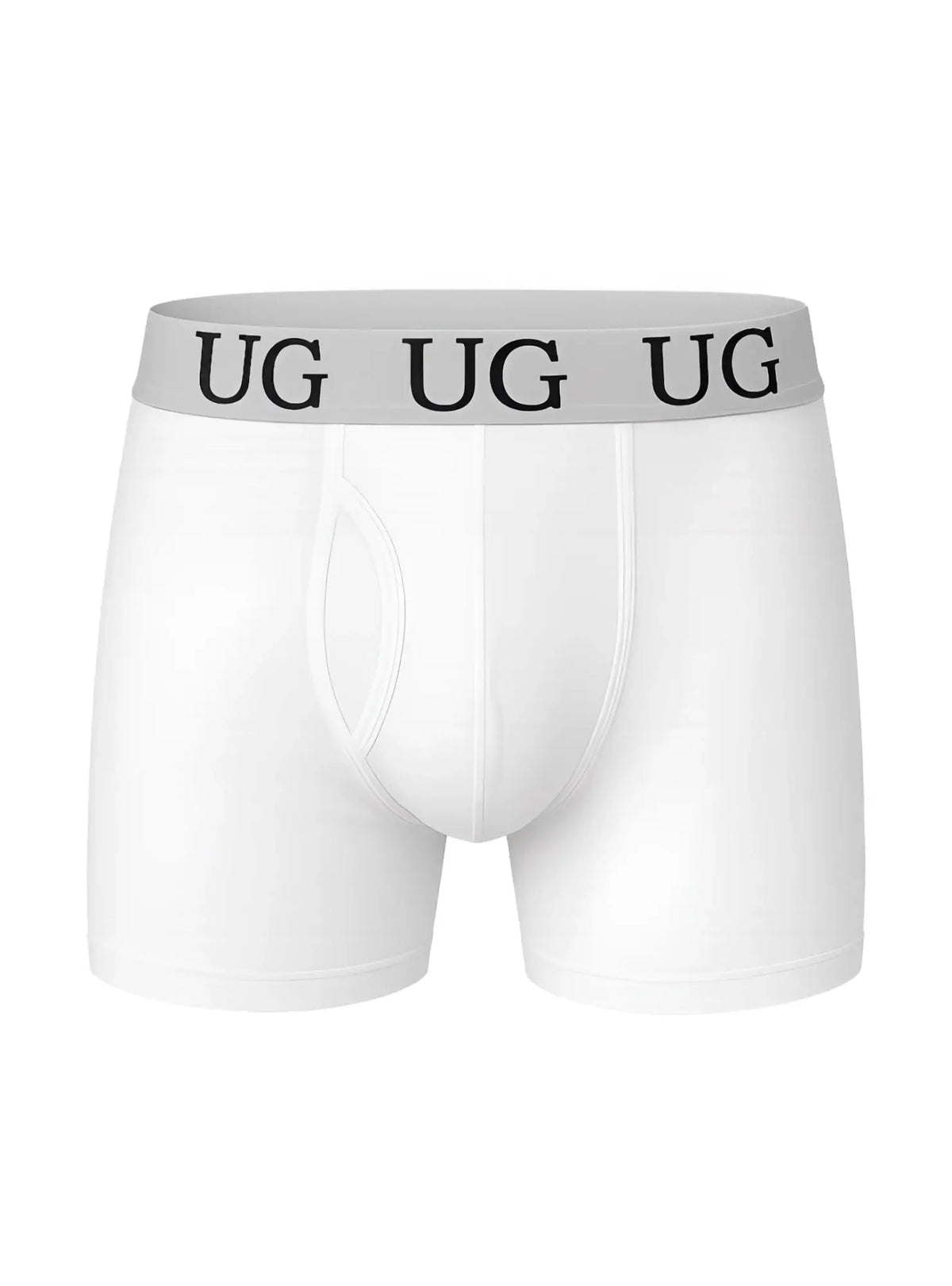 White undergear fly front cotton boxer brief with gray waistband and black ug lettering on the front side