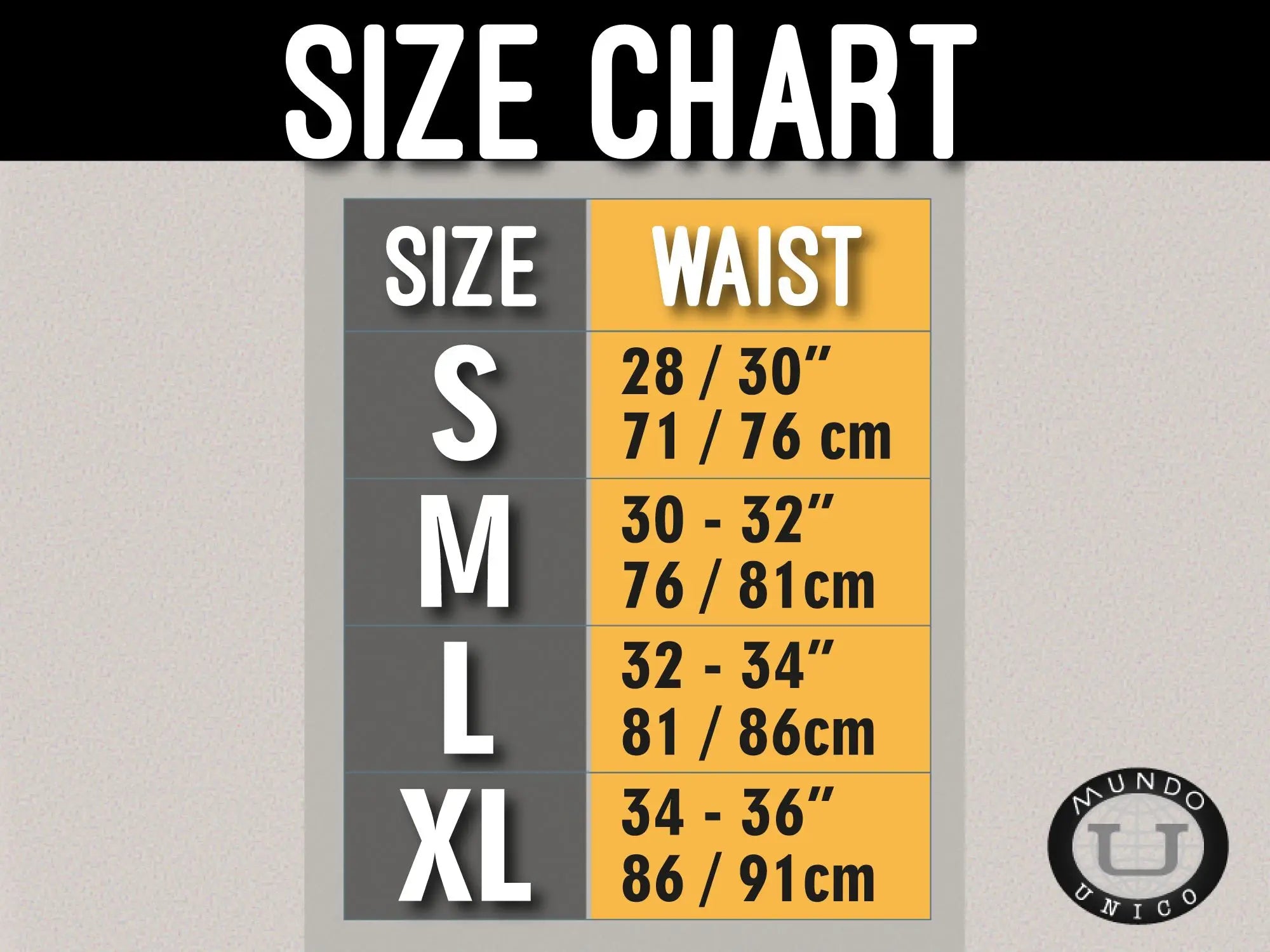 Size chart for mundo unico boxer briefs cristalino microfiber white showing waist measurements in inches and cm from s to xl
