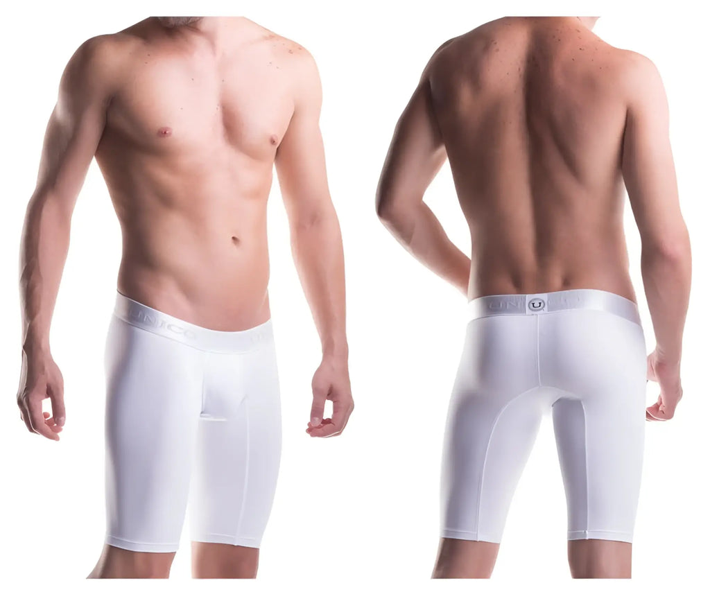 White men’s unico 1200100300 boxer briefs with snug fit microfiber fabric and subtle waistband logo in white