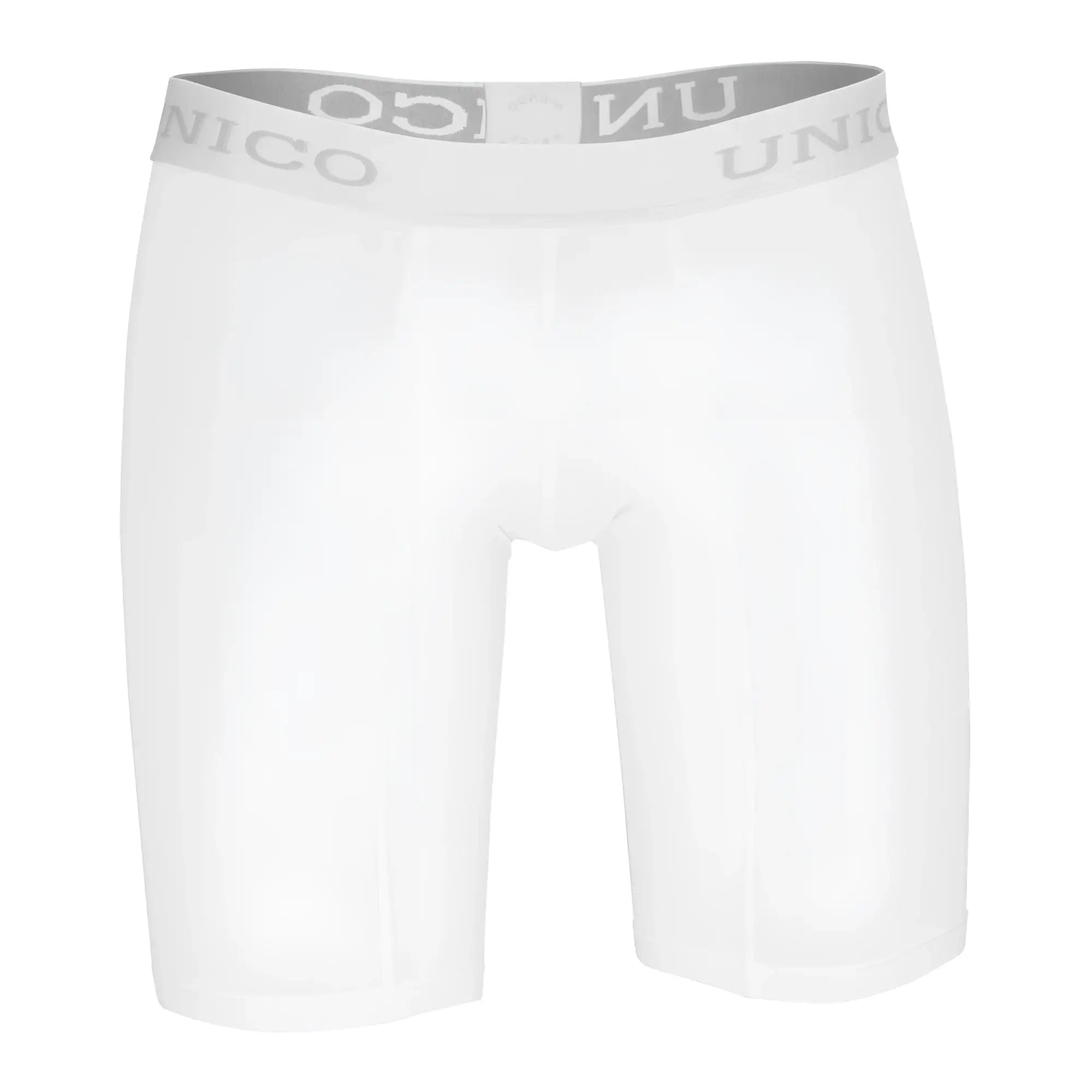 White unico men’s boxer briefs with gray elastic waistband featuring unico logo microfiber material