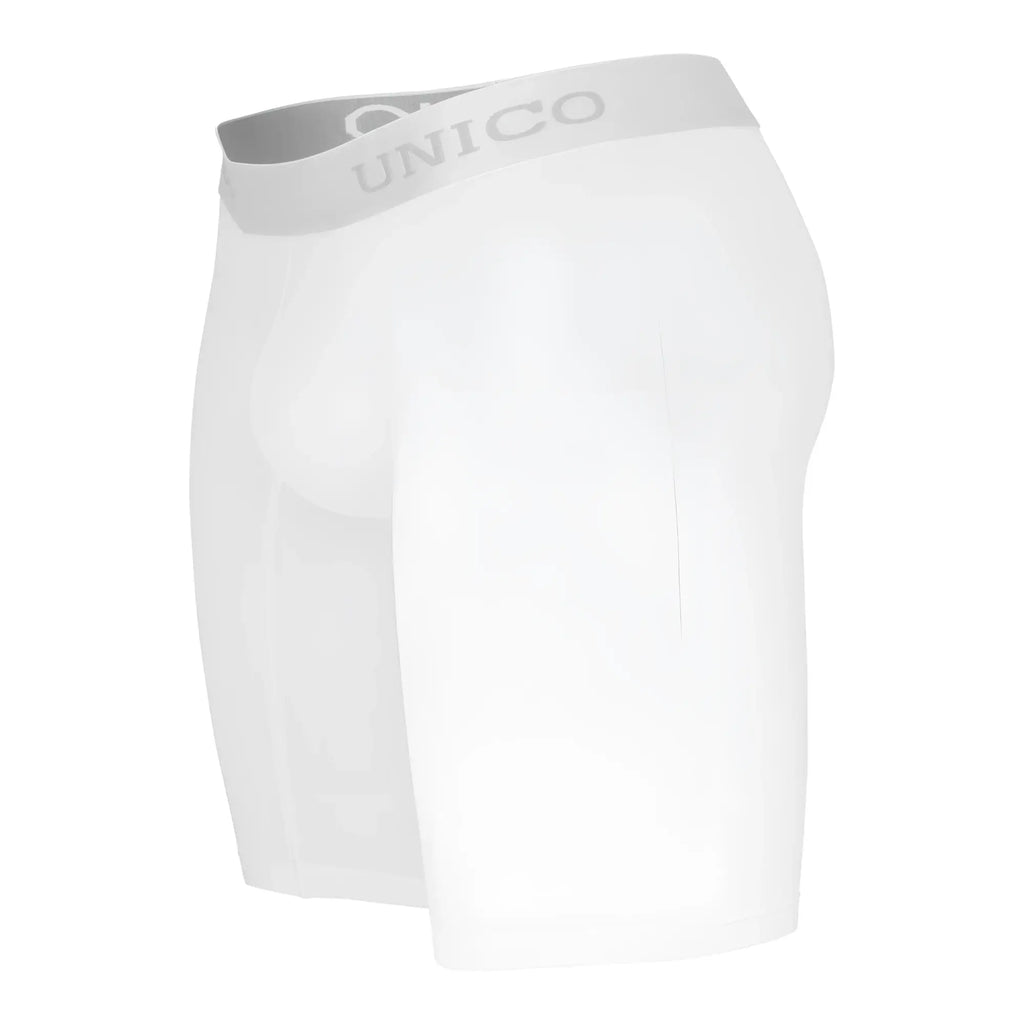 White unico men’s boxer briefs with gray branded waistband made of cristalino microfiber for comfortable wear