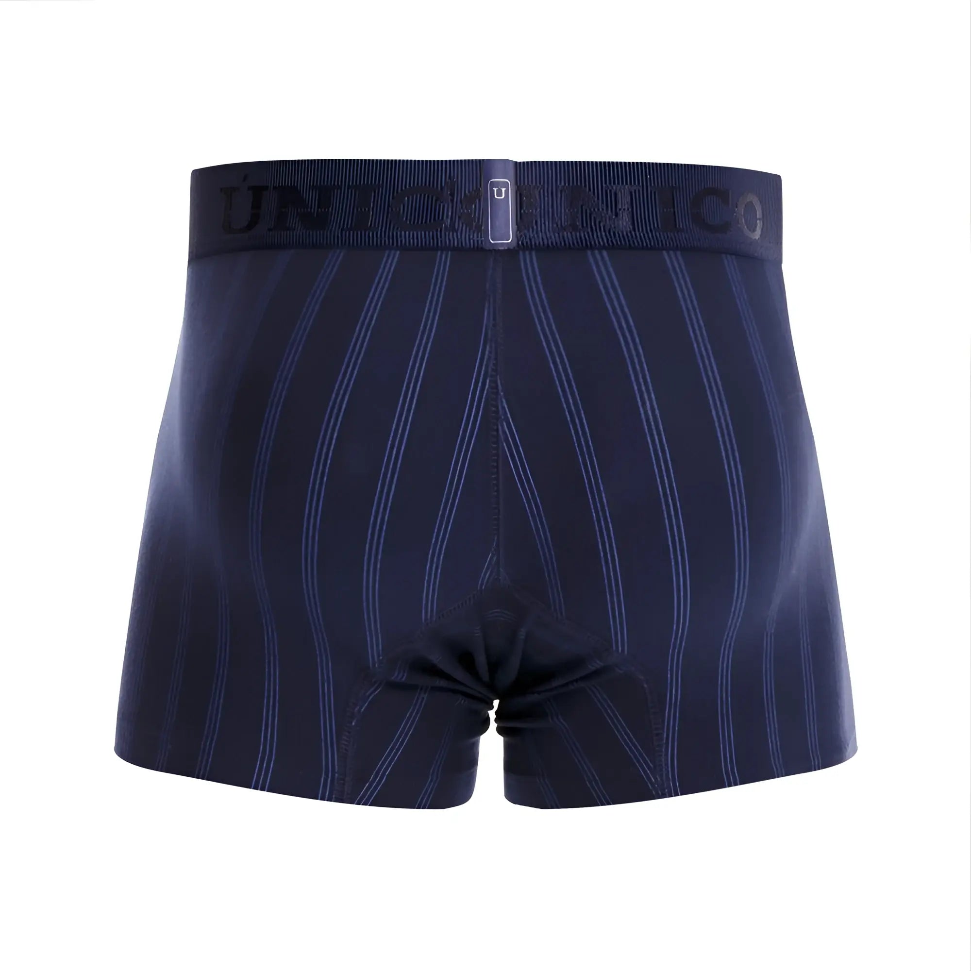 Navy blue Unico 22100100103 Senda trunks with subtle vertical pinstripes and a branded elastic waistband
