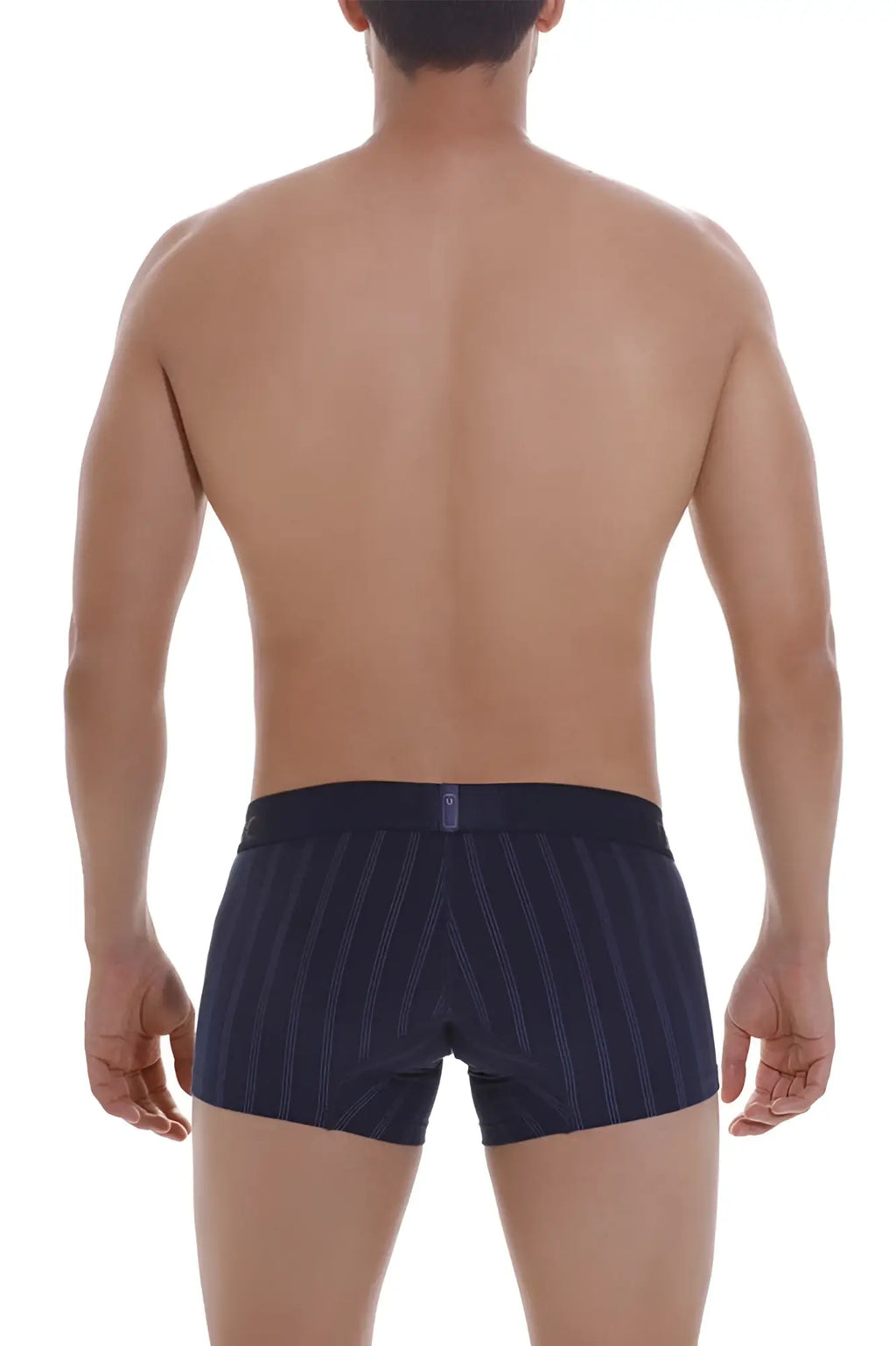 Navy blue striped boxer briefs with subtle pinstripe pattern and branded waistband tag unic 22100100103 senda trunks