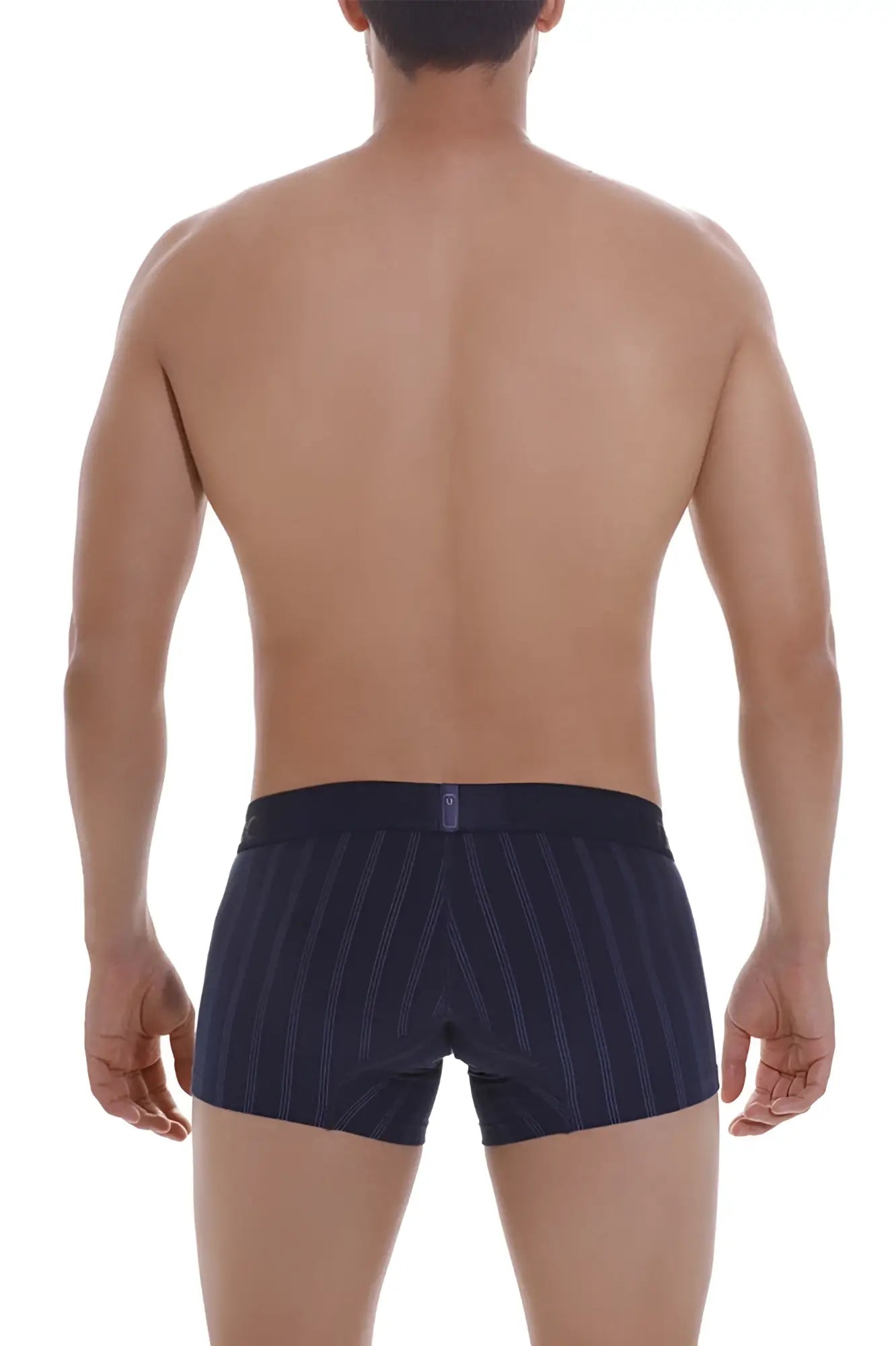 Navy blue striped boxer briefs with subtle pinstripe pattern and branded waistband tag unic 22100100103 senda trunks