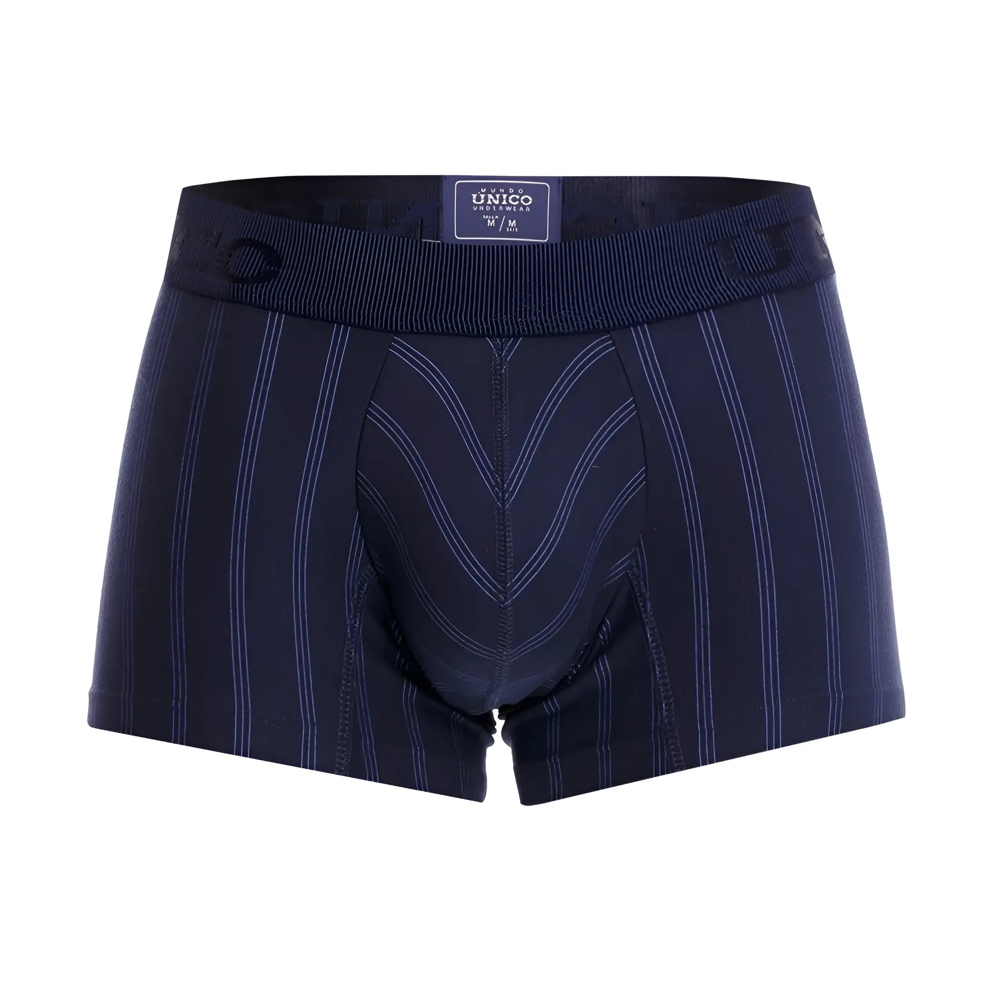 Unico senda trunks navy blue striped men’s boxer briefs with white pinstripe pattern and reinforced stitching
