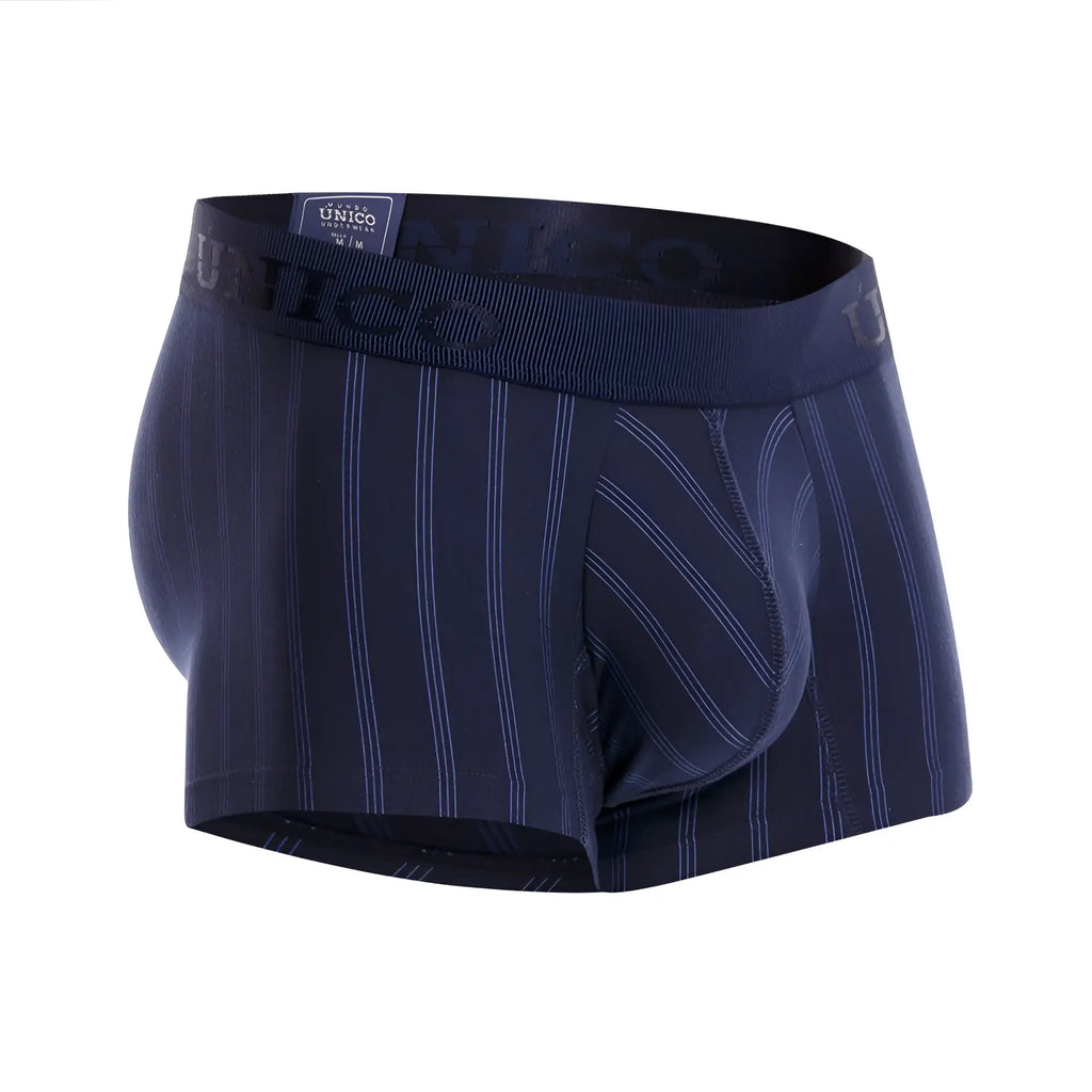 Dark blue unisex pinstripe boxer briefs with subtle white stripes and unico branded elastic waistband