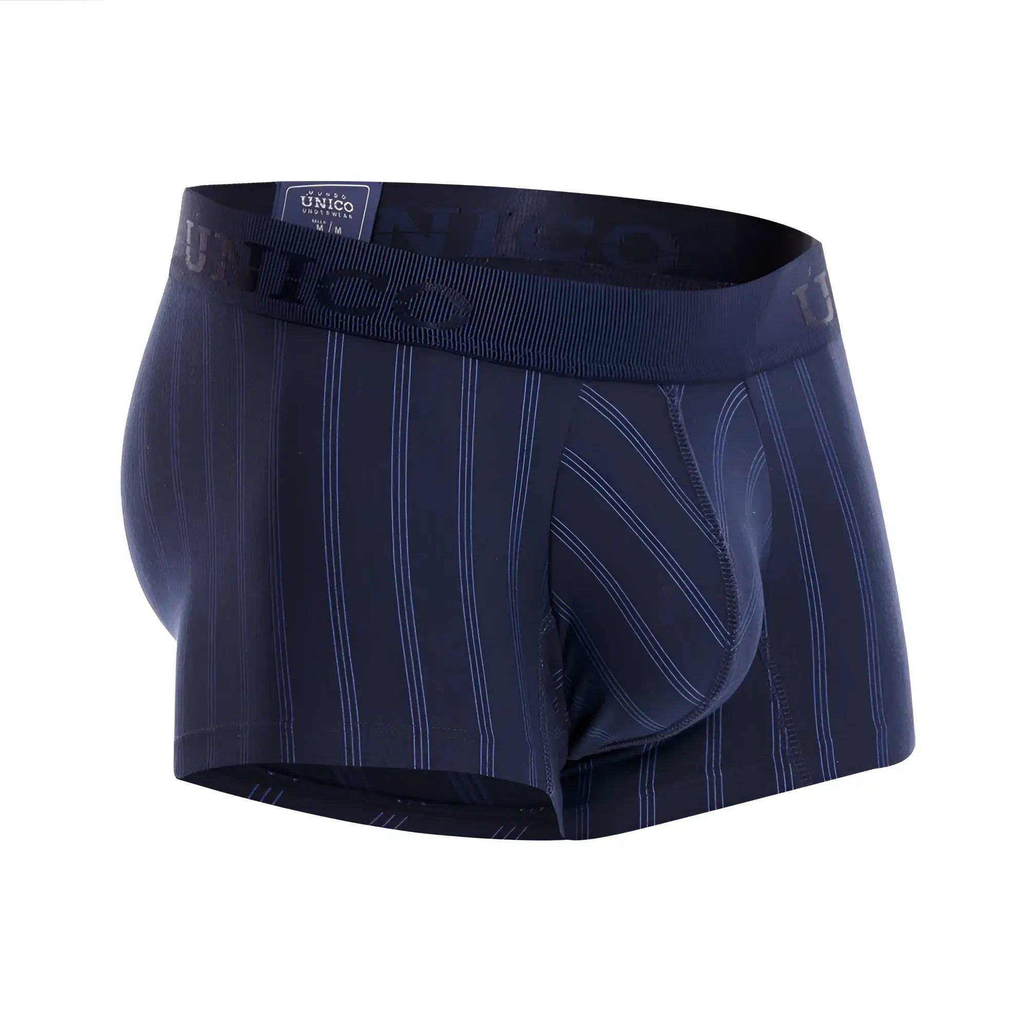 Dark blue unisex pinstripe boxer briefs with subtle white stripes and unico branded elastic waistband