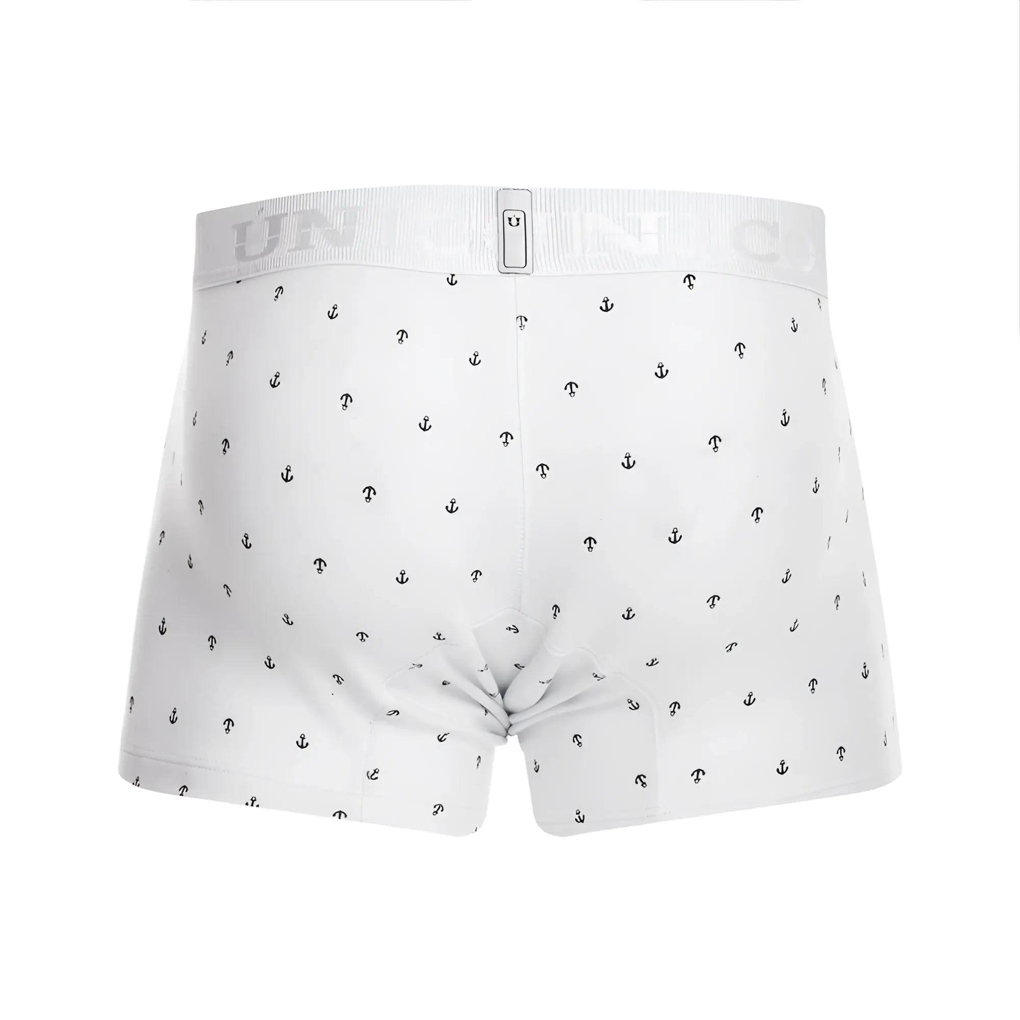 White boxer briefs with subtle black anchor pattern and ribbed waistband featuring unico brand logo in color white