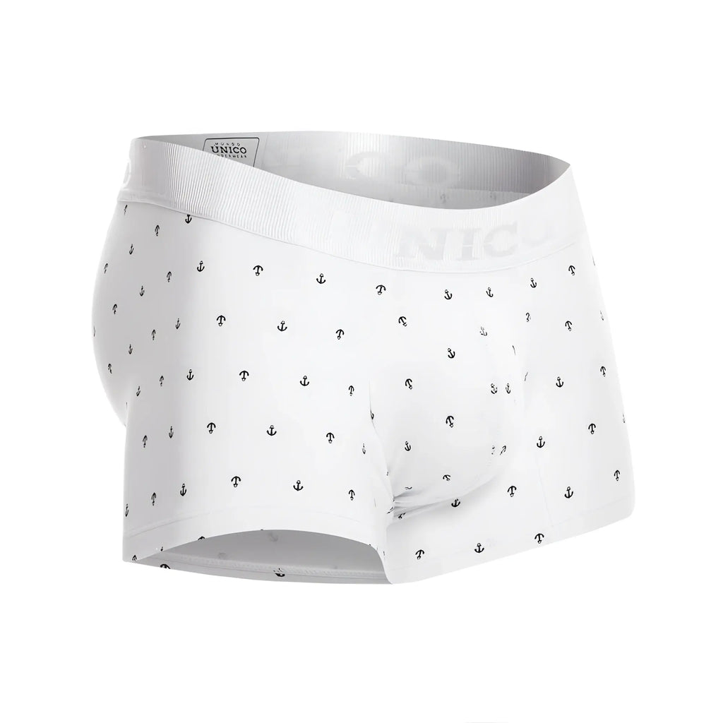 White men’s briefs with black anchor pattern and unico brand name on the elastic waistband color white