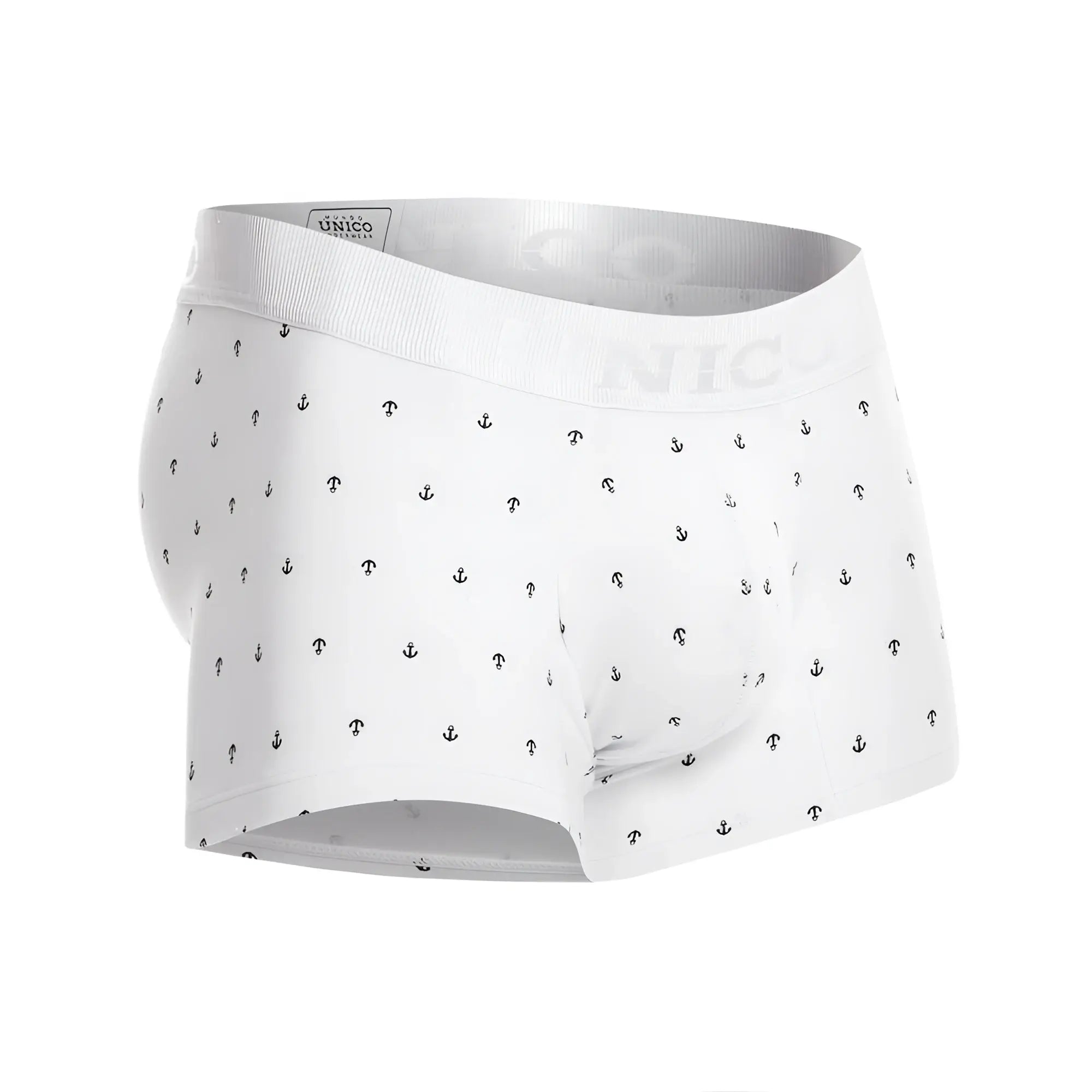 White men’s briefs with black anchor pattern and unico brand name on the elastic waistband color white